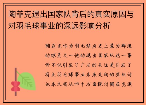 陶菲克退出国家队背后的真实原因与对羽毛球事业的深远影响分析