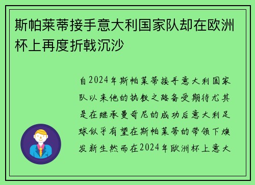 斯帕莱蒂接手意大利国家队却在欧洲杯上再度折戟沉沙