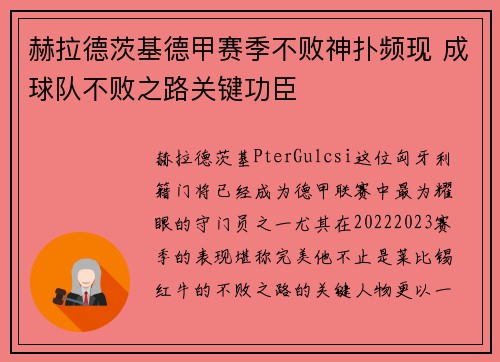 赫拉德茨基德甲赛季不败神扑频现 成球队不败之路关键功臣